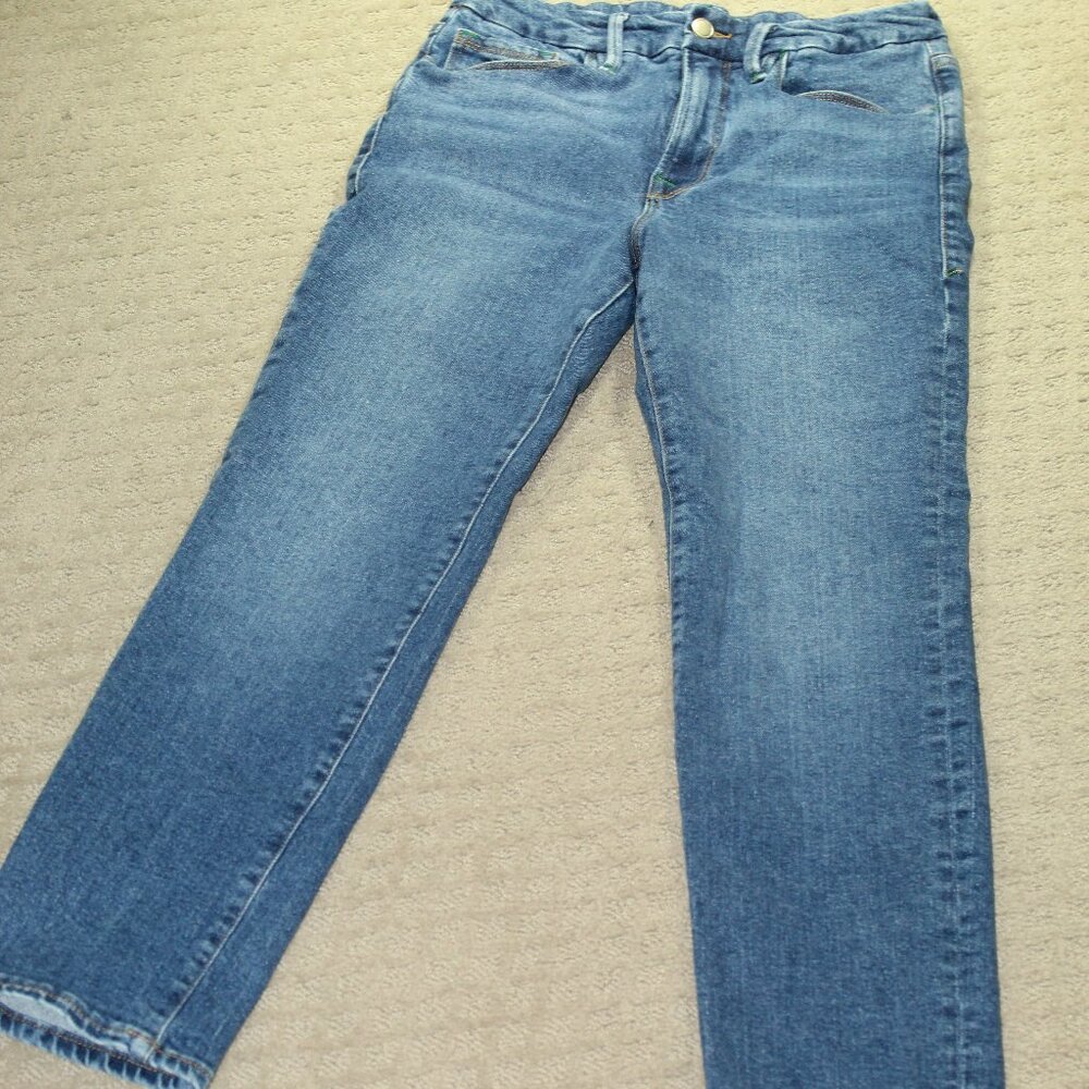 Good American Size 8 / 29 Split Seam Back Pocket Mid Rise Straight Leg Blue Jean
